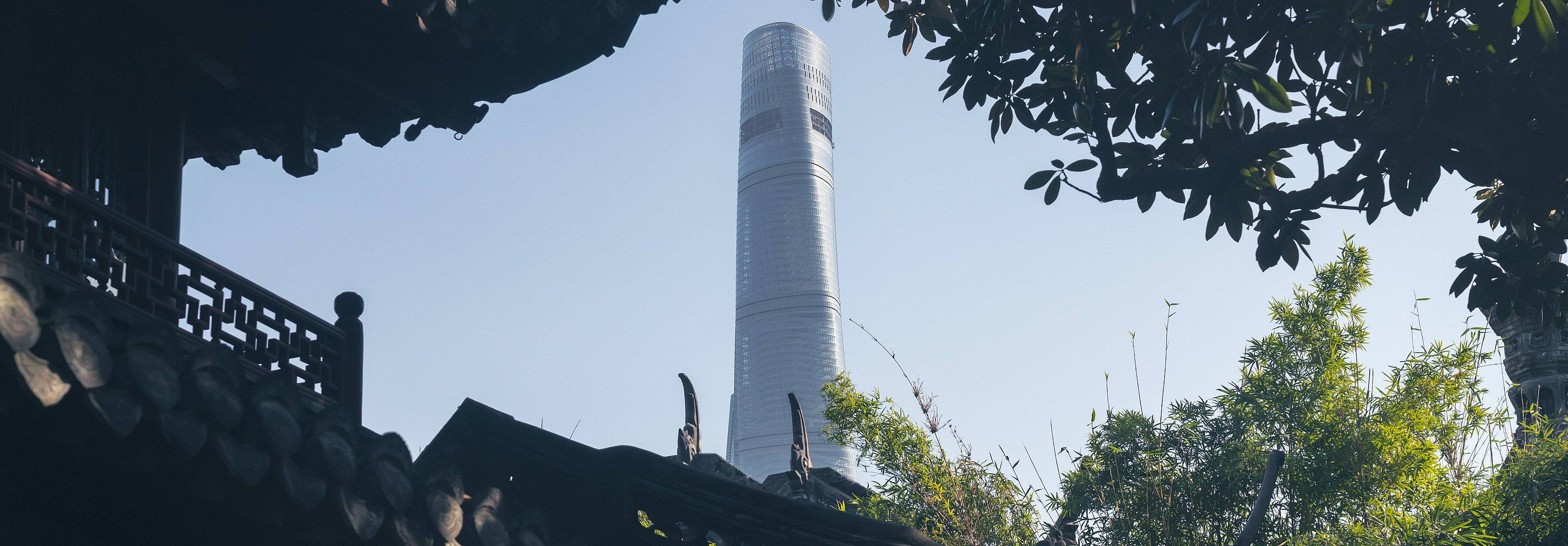 Detalle de las esculturas del techo con un bloque de torre moderno en Yuyuan