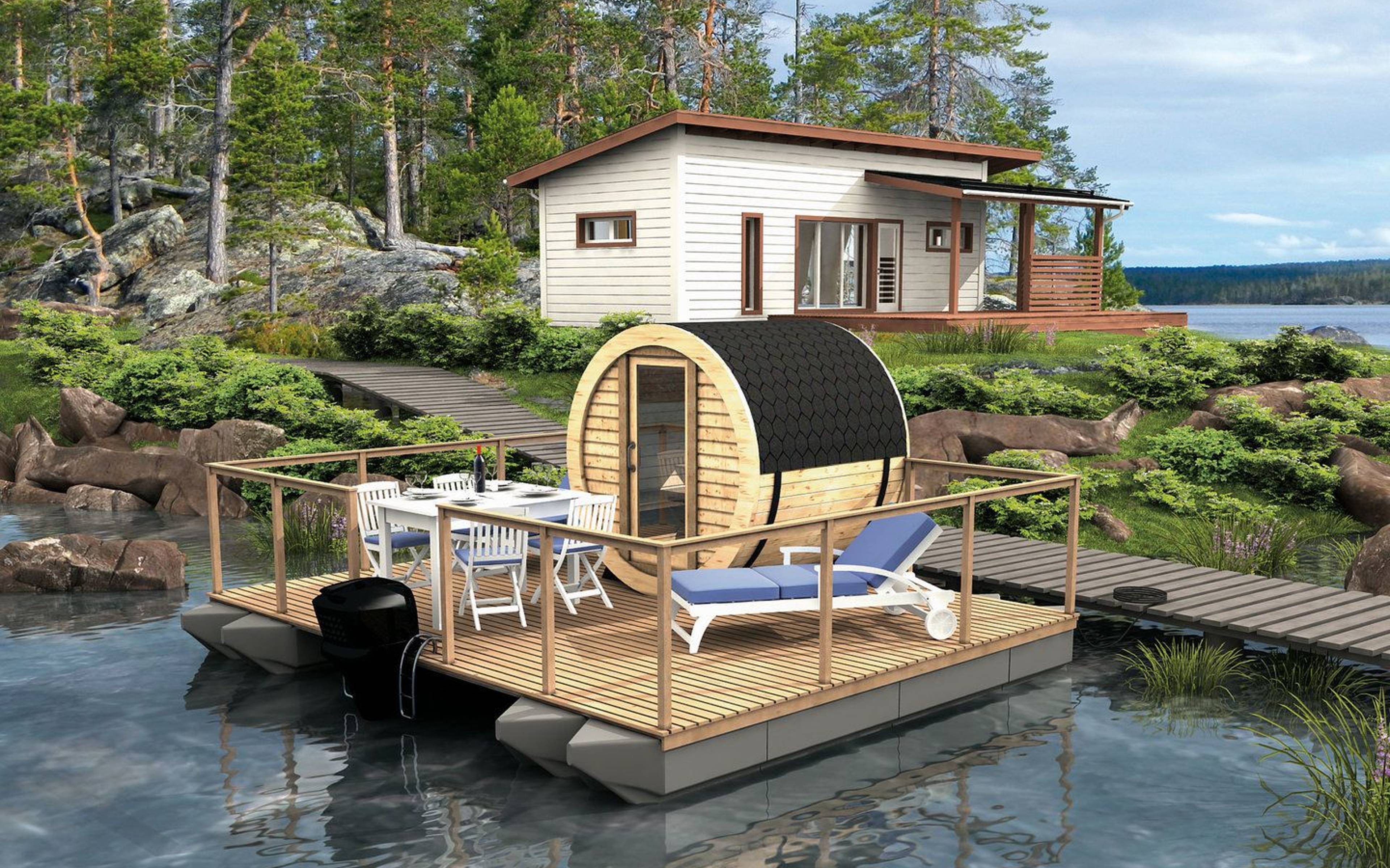 Fluss- oder Seefahrt mit einem Saunaboot